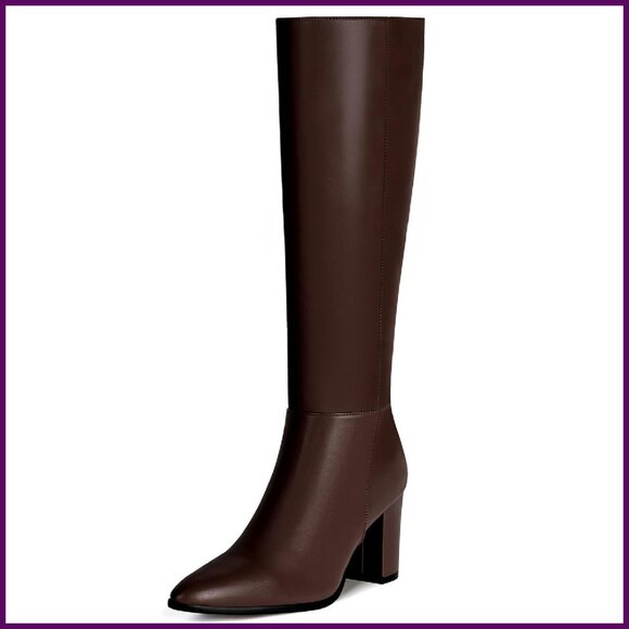 Pointed Toe Knee High Boots Chunky Block Heel Side Zipper PU Leather